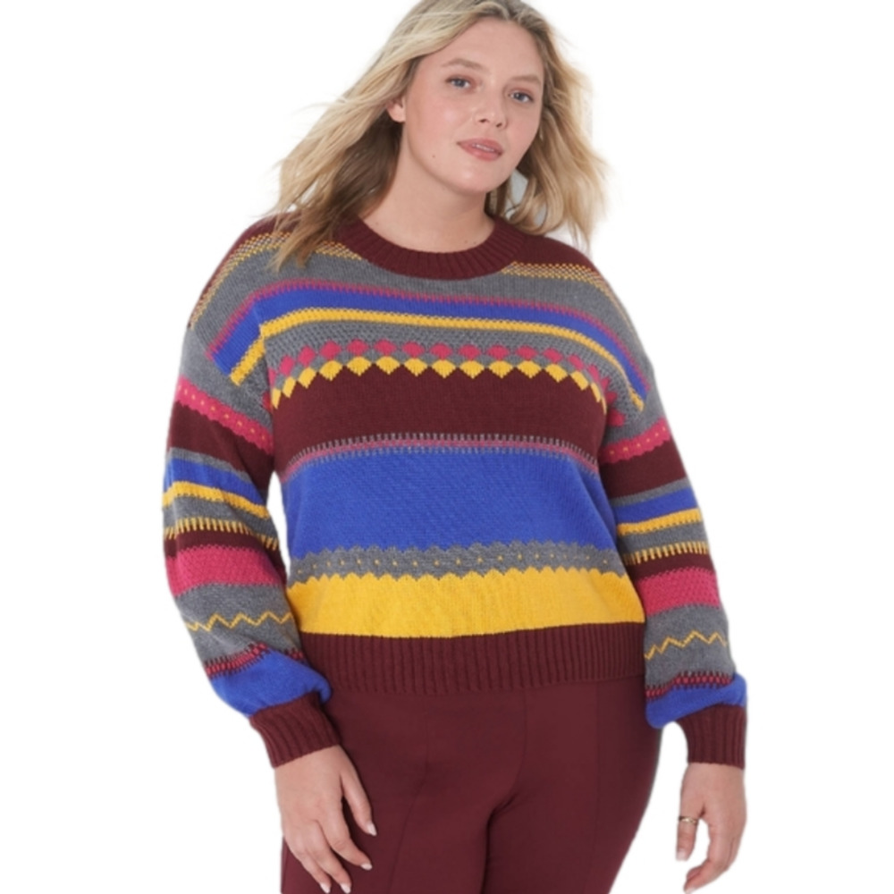 Lane Bryant Relaxed burgundy mustard blue Crew Neck Fair Isle Sweater plus 4X‎